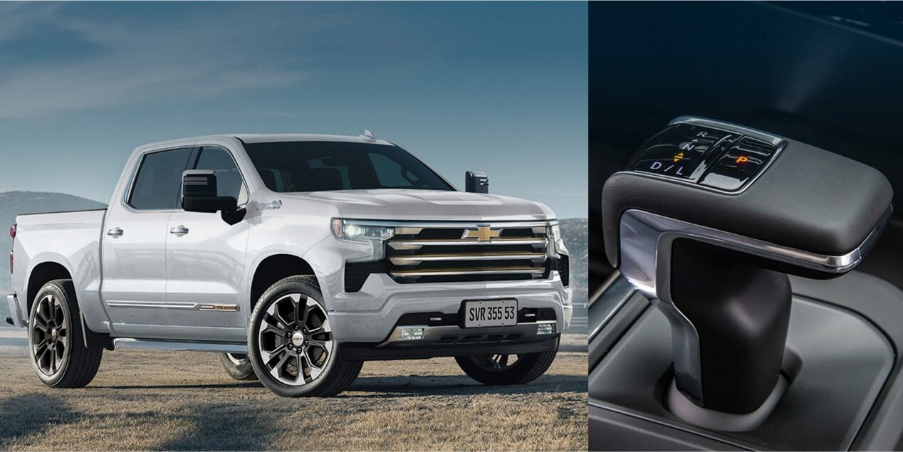 Diseño impecable de la Chevrolet Silverado en vista lateral y la palanca de cambios en detalle.