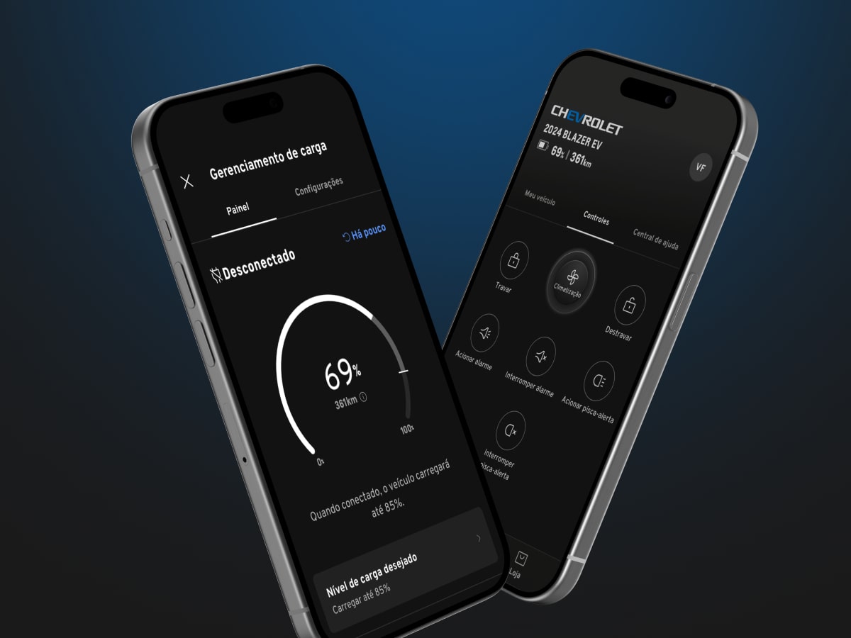 Imagen de dos smartphones, uno sobre otro, ambos con la app myChevrolet abierta, mostrando diferentes características.