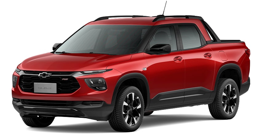 Chevrolet Montana 2025 versión RS en color rojo carmesí, vista frontal lateral