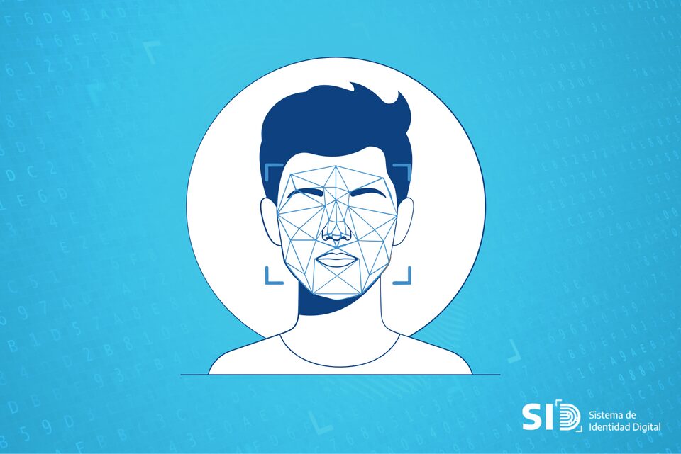Imagen representativa del rostro de un hombre sobre un fondo celeste, mostrando cómo funciona el sistema de monitoreo digital para el reconocimiento facial.