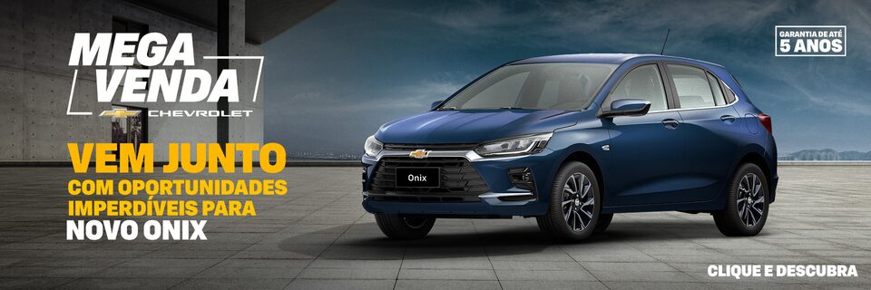 Banner promocional Mega Venda Chevrolet com Chevrolet Onix azul visto de frente e lateral direita, estacionado em piso de concreto. À esquerda, texto em destaque: Vem junto com oportunidades imperdíveis para Novo Onix – a partir de R$ 84.990 ou entrada de R$ 52.450 e 48 parcelas de R$ 990. No canto superior direito, selo de garantia de até 5 anos.