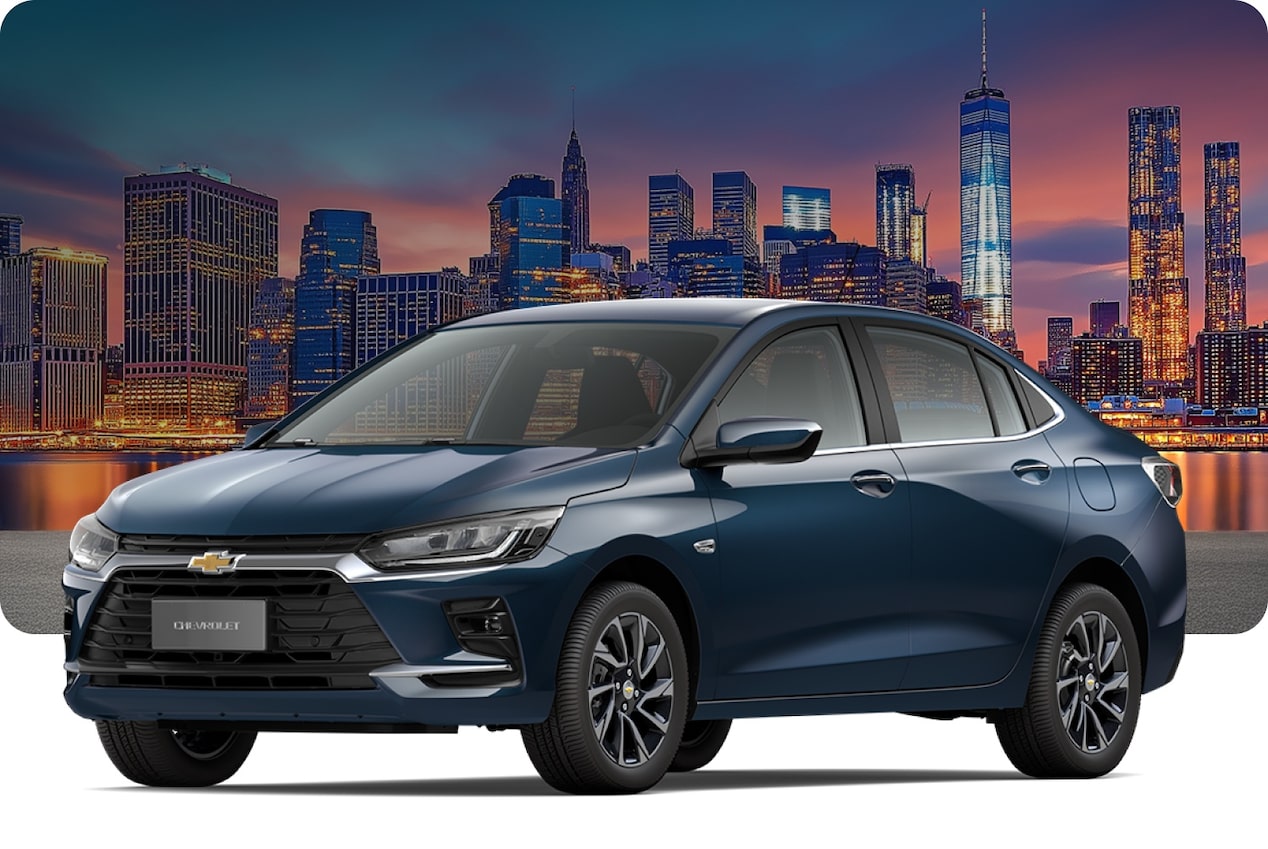 Chevrolet Onix Premier LTZ AT Turbo na cor Azul Boreal, com skyline urbano ao fundo.