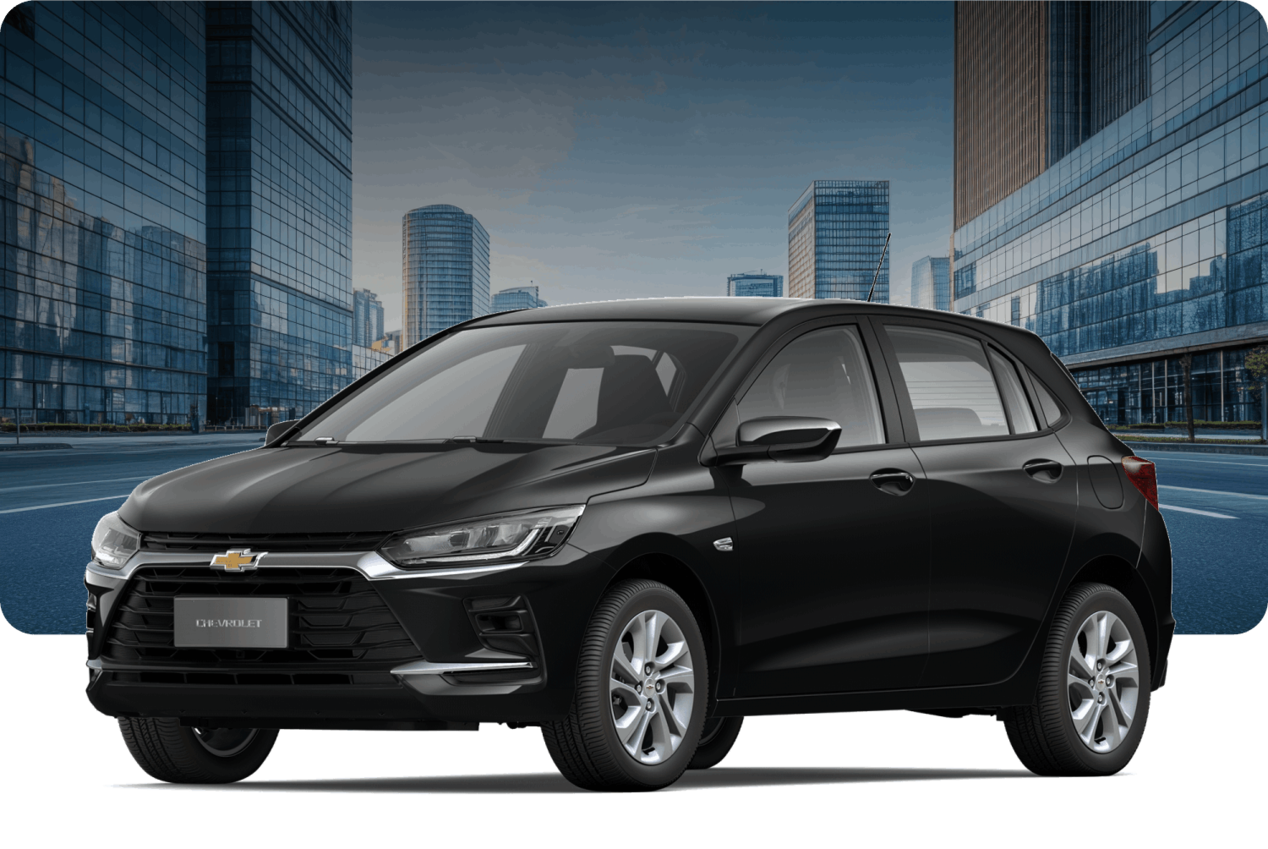 Chevrolet Onix LT Turbo na cor Preto Ouro Negro, em cenário urbano.