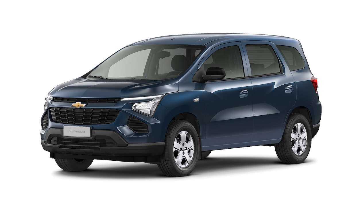 Imagem frontal do novo Chevrolet Spin, versão premier, na cor Azul Boreal.