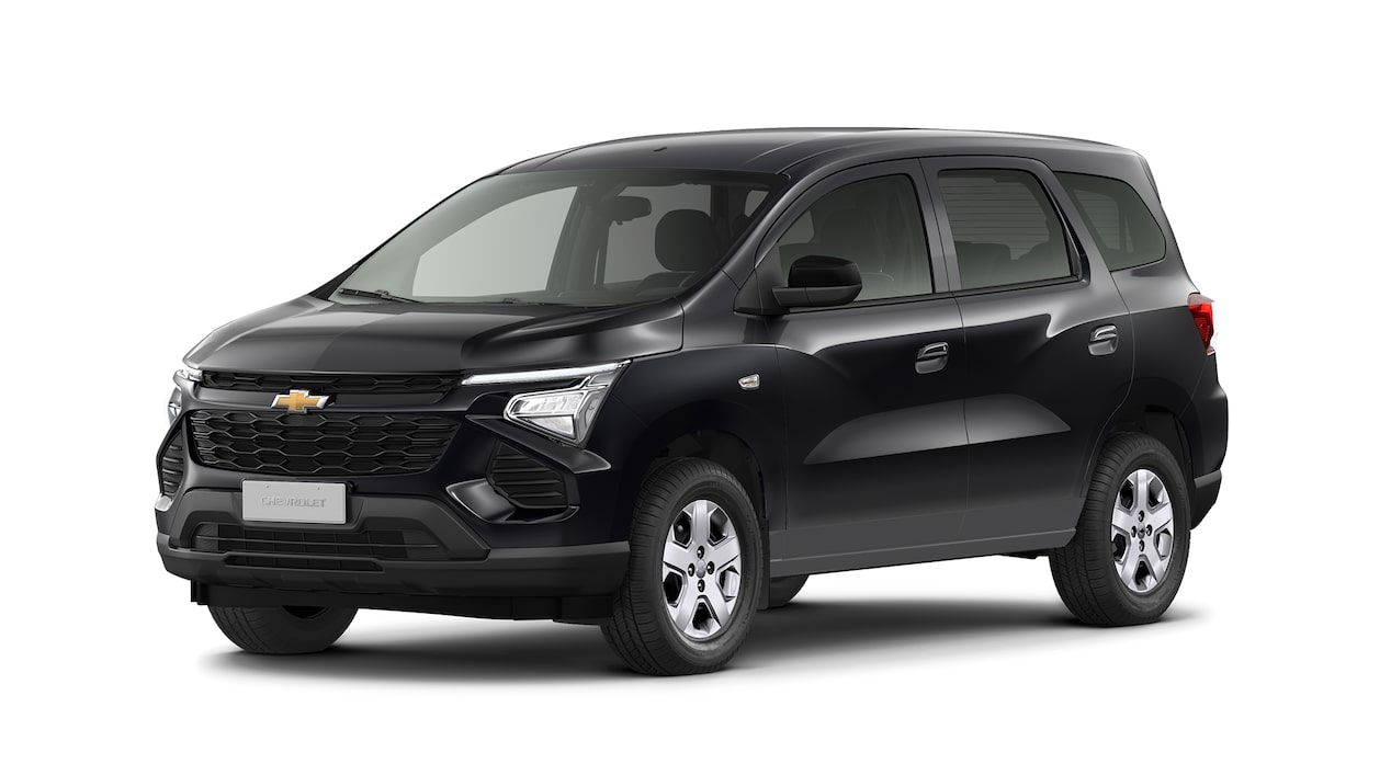 Imagem frontal do novo Chevrolet Spin, versão premier, na cor Preto Ouro Negro.