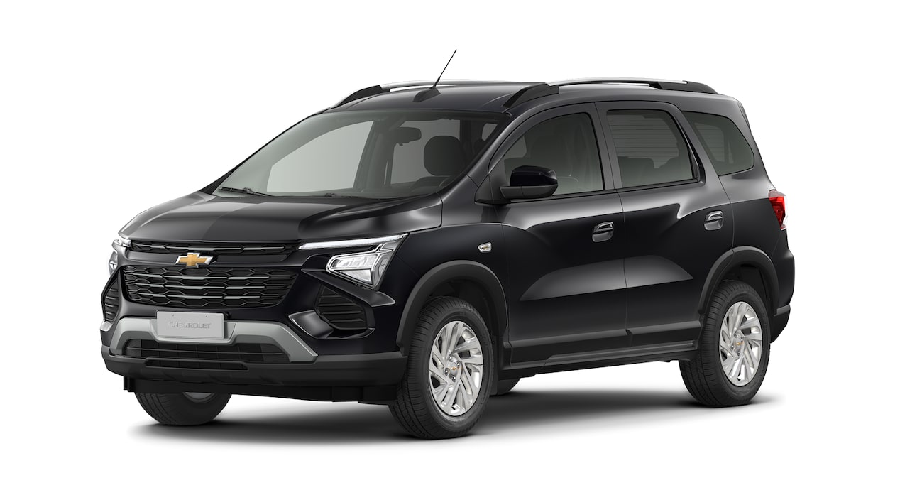 Imagem frontal do novo Chevrolet Spin, versão premier, na cor Preto Ouro Negro.