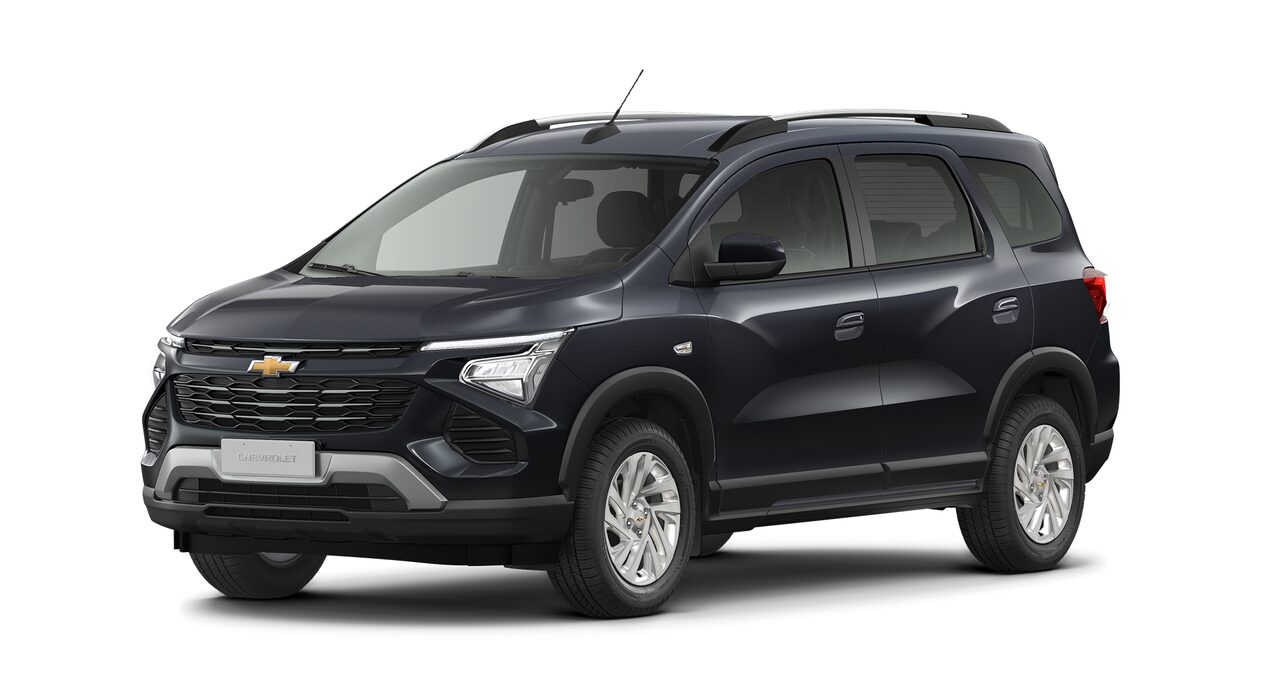 Imagem frontal do novo Chevrolet Spin, versão premier, na cor Cinza Rush.