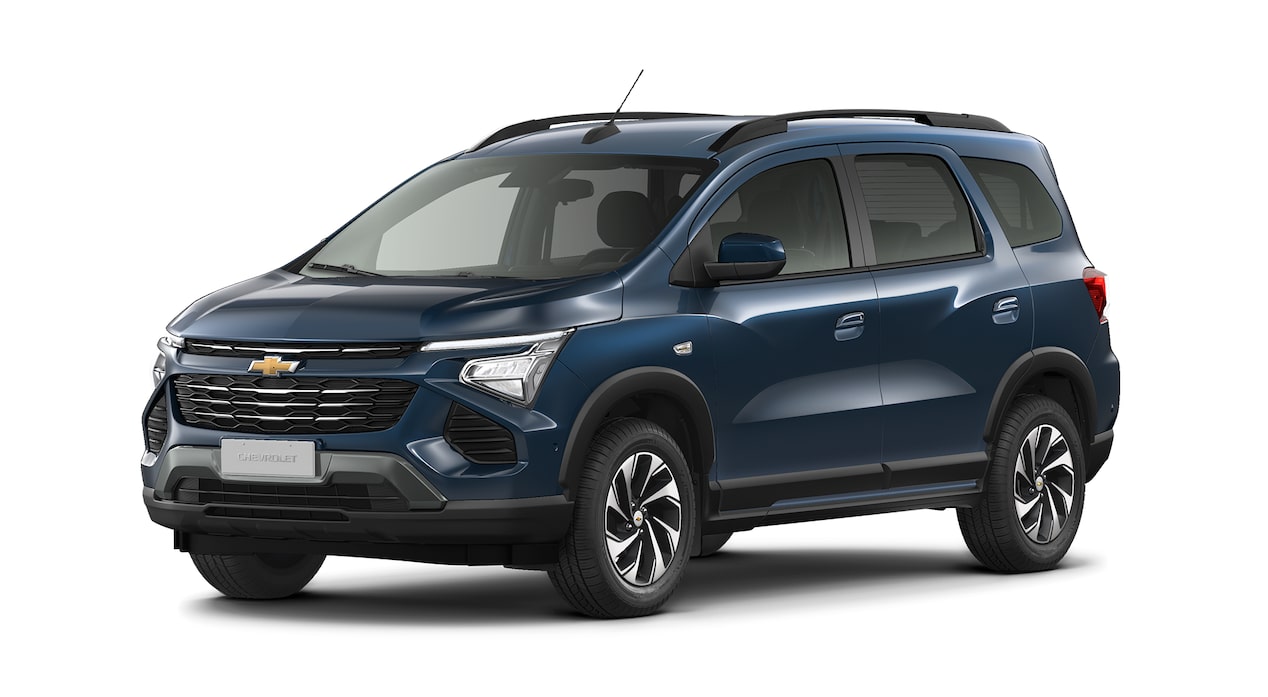 Imagem frontal do novo Chevrolet Spin, versão premier, na cor Azul Boreal.