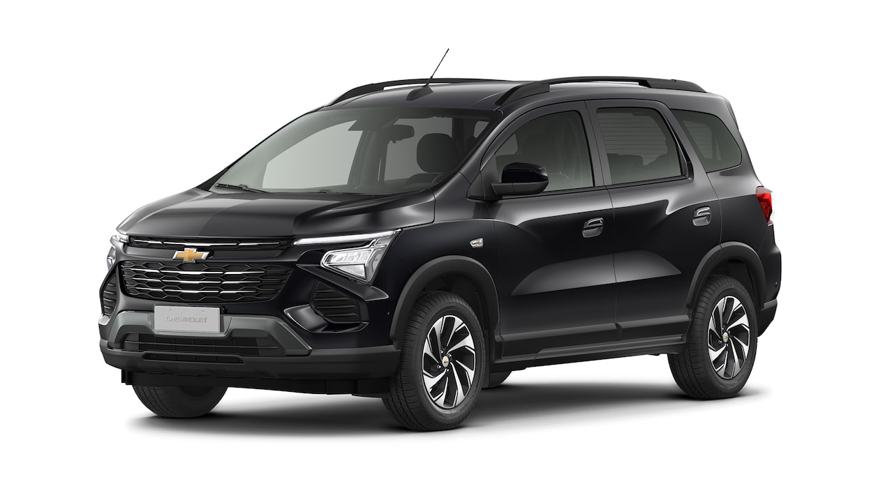 Imagem frontal do novo Chevrolet Spin, versão premier, na cor Preto Ouro Negro.