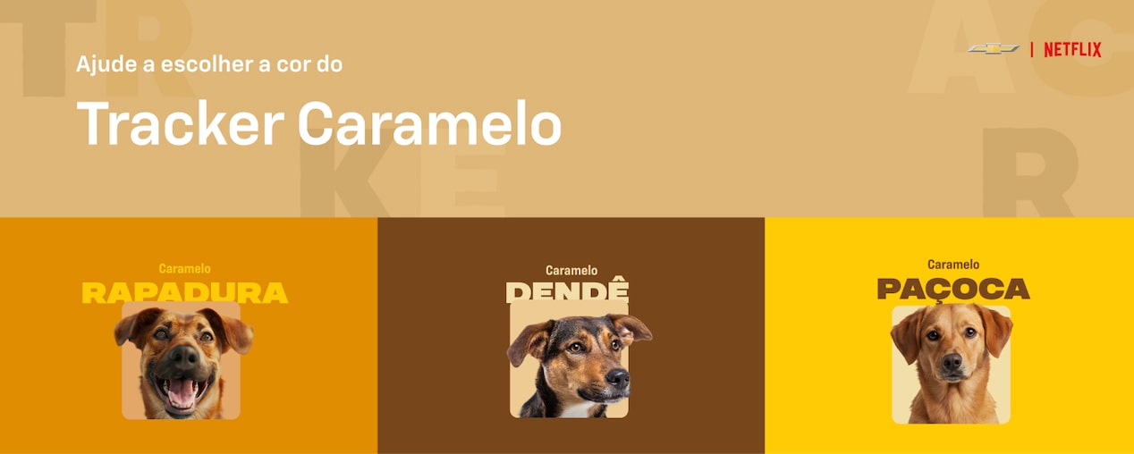 Masthead versão desktop da landing page de Tracker Caramelo, ação conjunta entre a Chevrolet e a Netflix. No canto superior esquerdo, o texto: Tracker Caramelo: uma edição única, feita pela Chevrolet, pela Netflix e por você!; na parte inferior, 3 vira-latas caramelo ilustram a arte.