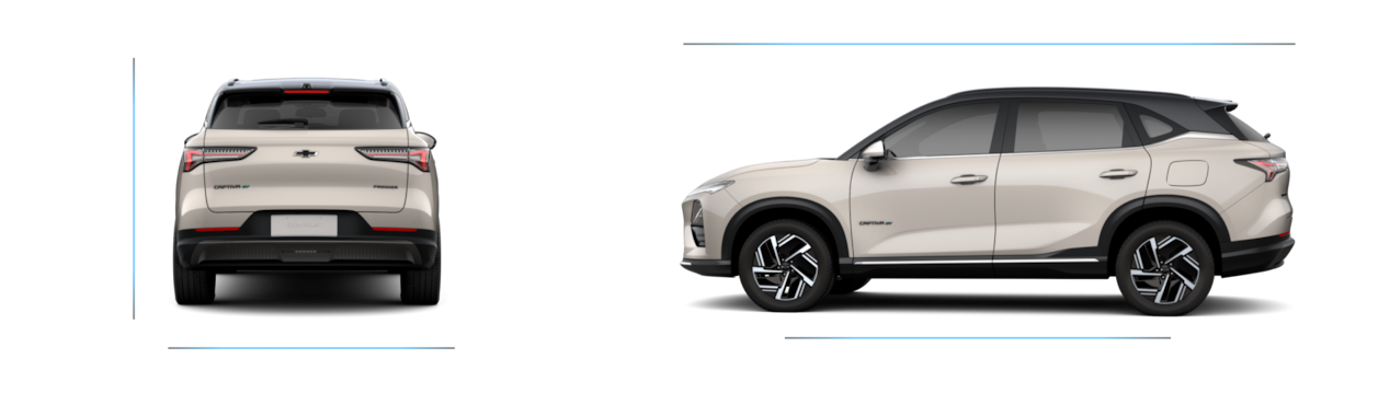 Ilustração técnica do SUV Chevrolet Captiva EV, mostrando medidas de altura, largura, comprimento e entre-eixos em vista traseira e lateral.