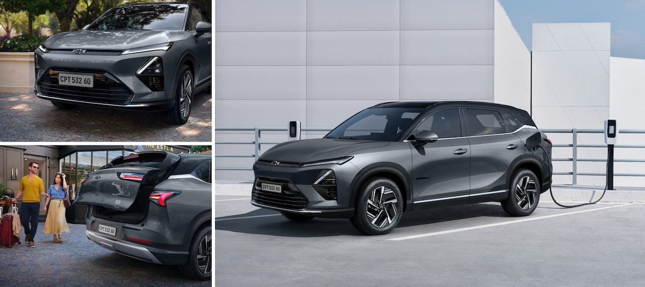 Montagem com três imagens do SUV Chevrolet Captiva EV: uma mostrando a dianteira do carro, outra com o porta-malas aberto e um casal com malas, e a terceira com o veículo sendo carregado em um ponto de recarga elétrica.