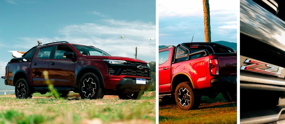 Montagem com três fotos da Chevrolet S10 Z71 2026 vermelha usada pelo influenciador Lucas Xaparral. As imagens mostram o veículo em diferentes ângulos, com foco em ação, mostrando sua versatilidade e resistência em terrenos acidentados.
