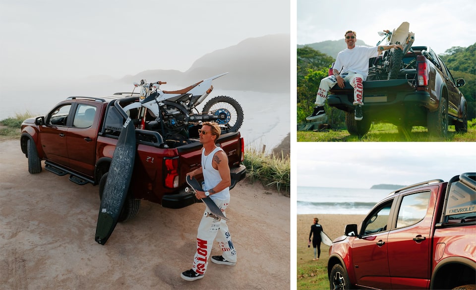 Chevrolet S10 Z71 2026 vermelha em cenário outdoor, estacionada em frente à praia com colinas ao fundo. O influenciador Lucas Xaparral aparece com trajes esportivos ao lado do veículo, que carrega uma prancha de surfe e uma moto off-road na caçamba. O destaque vai para o design robusto, santo antônio preto e estilo aventureiro da picape, reforçando seu perfil esportivo e off-road.