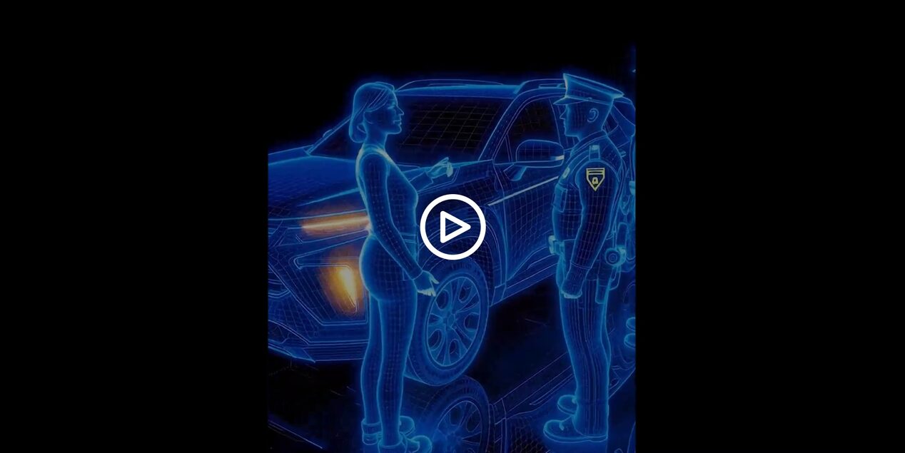 Ilustração digital em azul de um carro Chevrolet parado, com uma pessoa conversando com um policial ao lado do veículo.