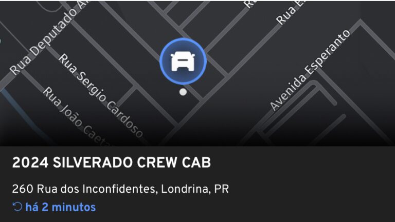 Mapa em fundo preto exibindo a localização de uma Chevrolet Silverado Crew Cab 2024 em Londrina, PR, com indicação de tempo estimado de chegada de 2 minutos.