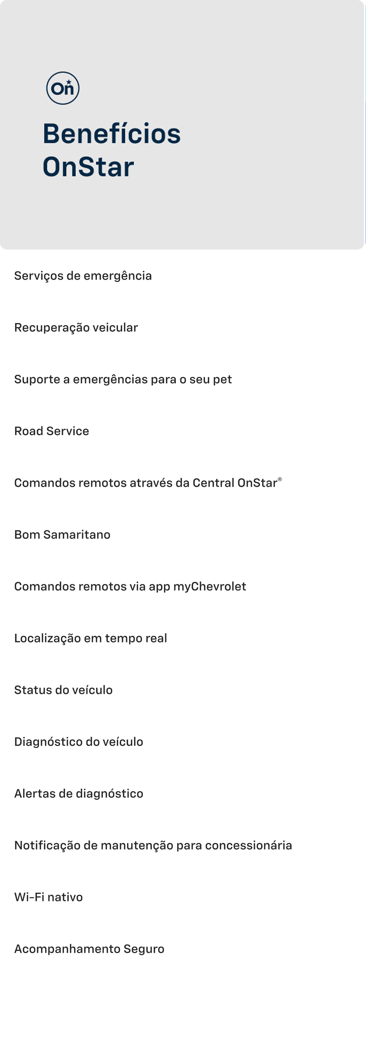 Bloco informativo em fundo cinza com o logotipo OnStar no canto esquerdo e o texto Benefícios OnStar em destaque.
