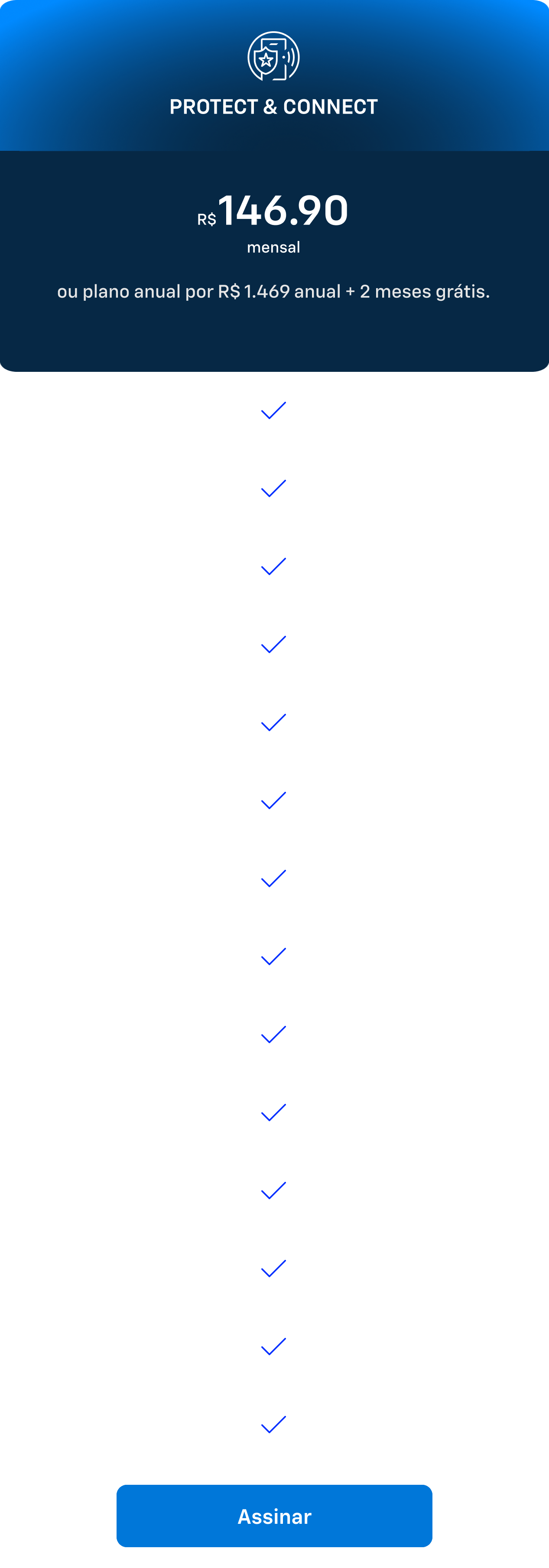 Card do plano Protect & Connect da Chevrolet OnStar. Assinatura mensal de R$146,90 ou anual de R$1.469 com 2 meses grátis.