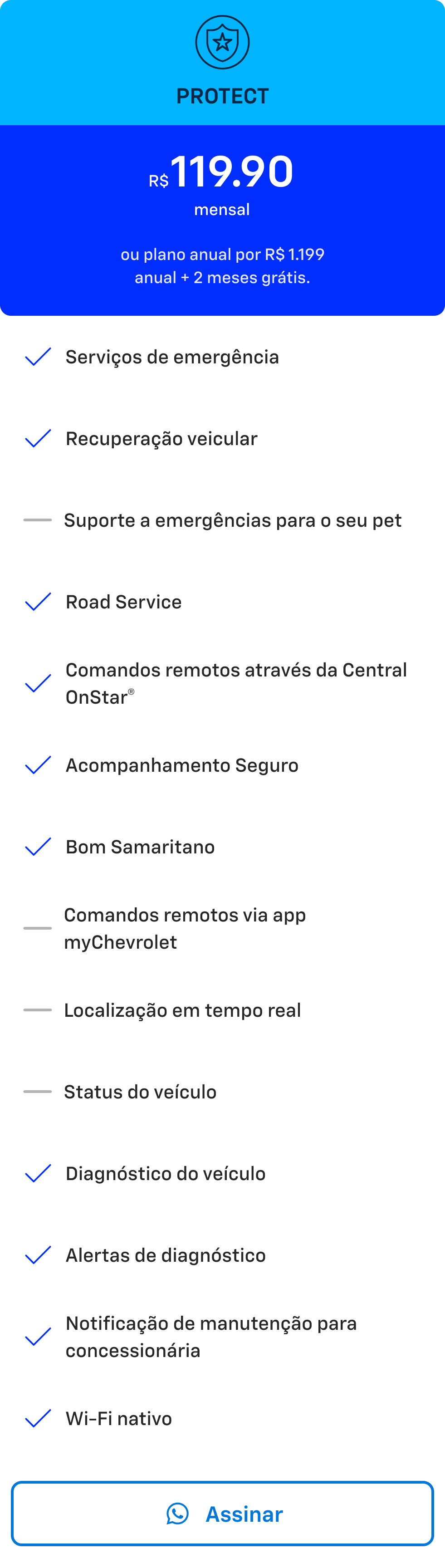 Card azul com texto Connect. Oferta de plano OnStar por R$99,90 mensal ou plano anual por R$999 com 2 meses grátis.