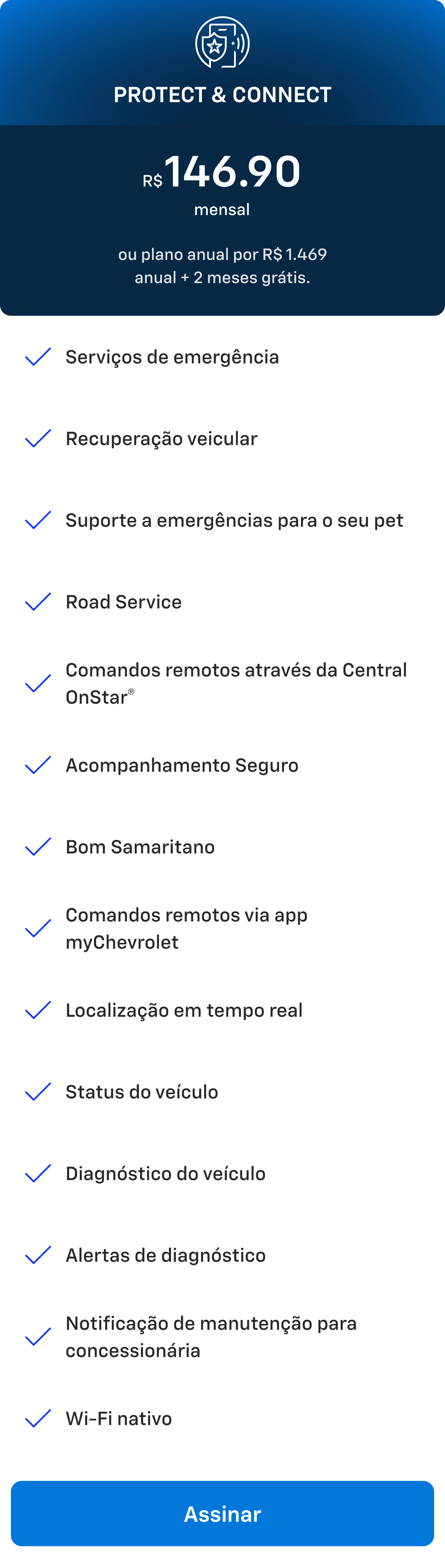Card do plano Protect & Connect da Chevrolet OnStar. Assinatura mensal de R$146,90 ou anual de R$1.469 com 2 meses grátis.