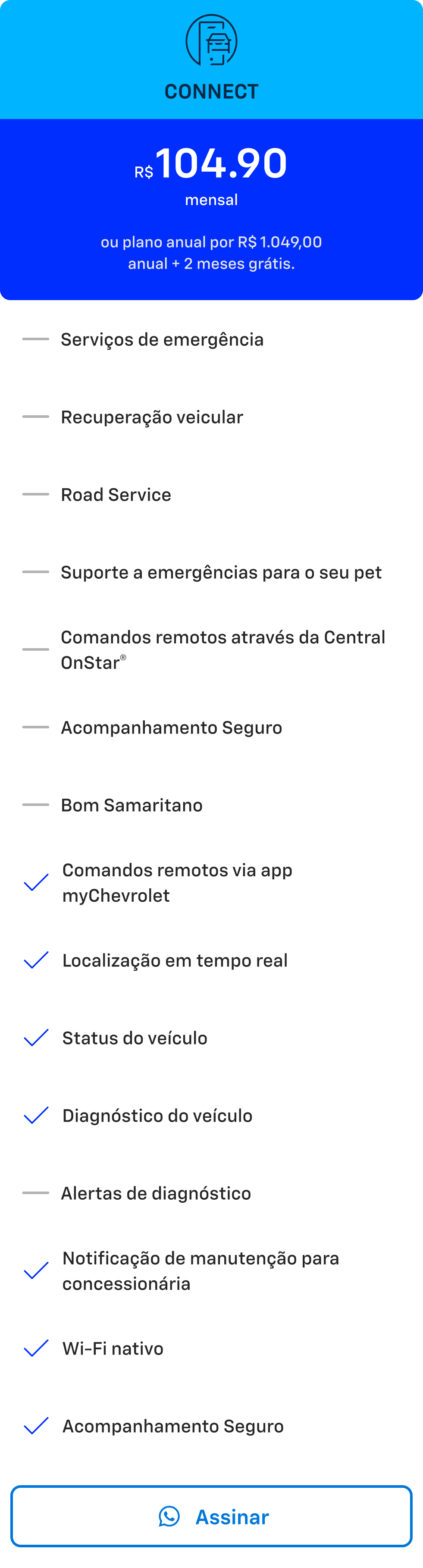 Card azul com texto Connect. Oferta de plano OnStar por R$104,90 mensal ou plano anual por R$1.049 com 2 meses grátis.