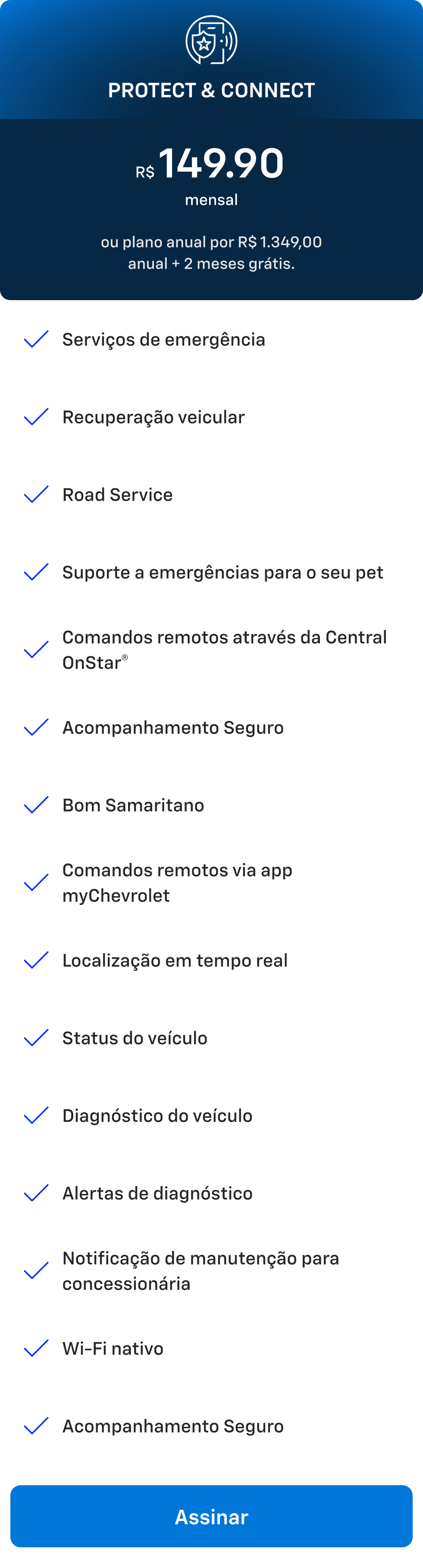 Card do plano Protect & Connect da Chevrolet OnStar. Assinatura mensal de R$149,90 ou anual de R$1.349 com 2 meses grátis.