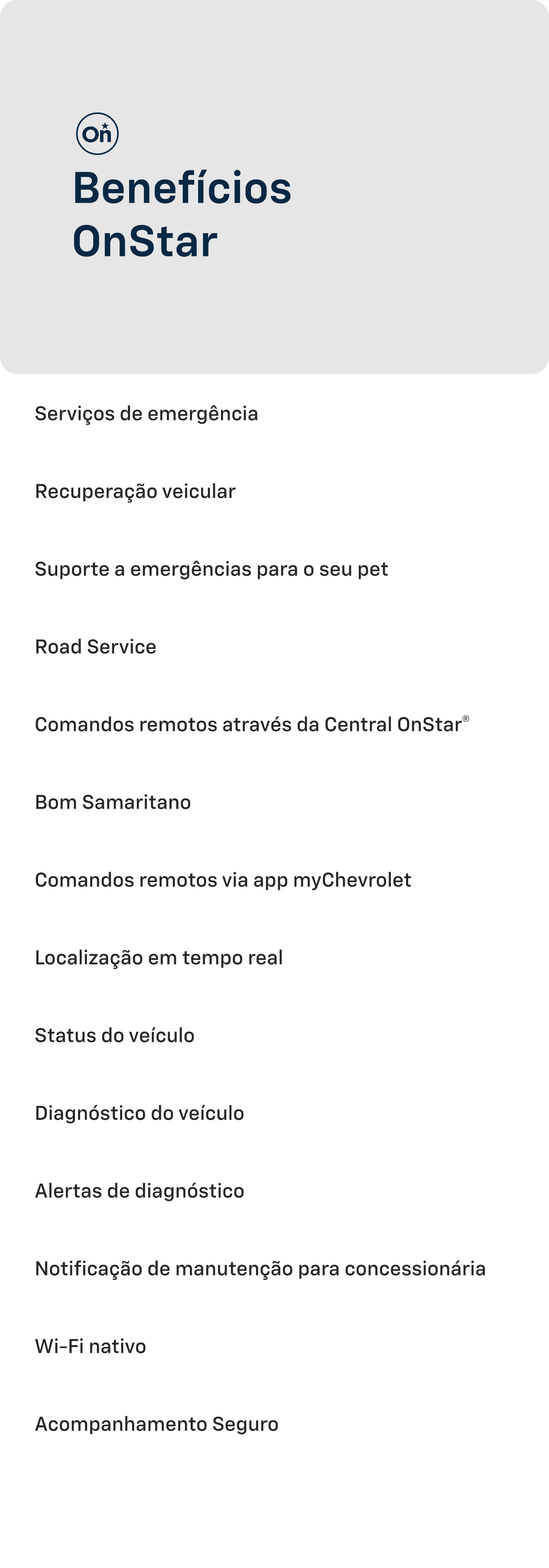 Bloco informativo em fundo cinza com o logotipo OnStar no canto esquerdo e o texto Benefícios OnStar em destaque.