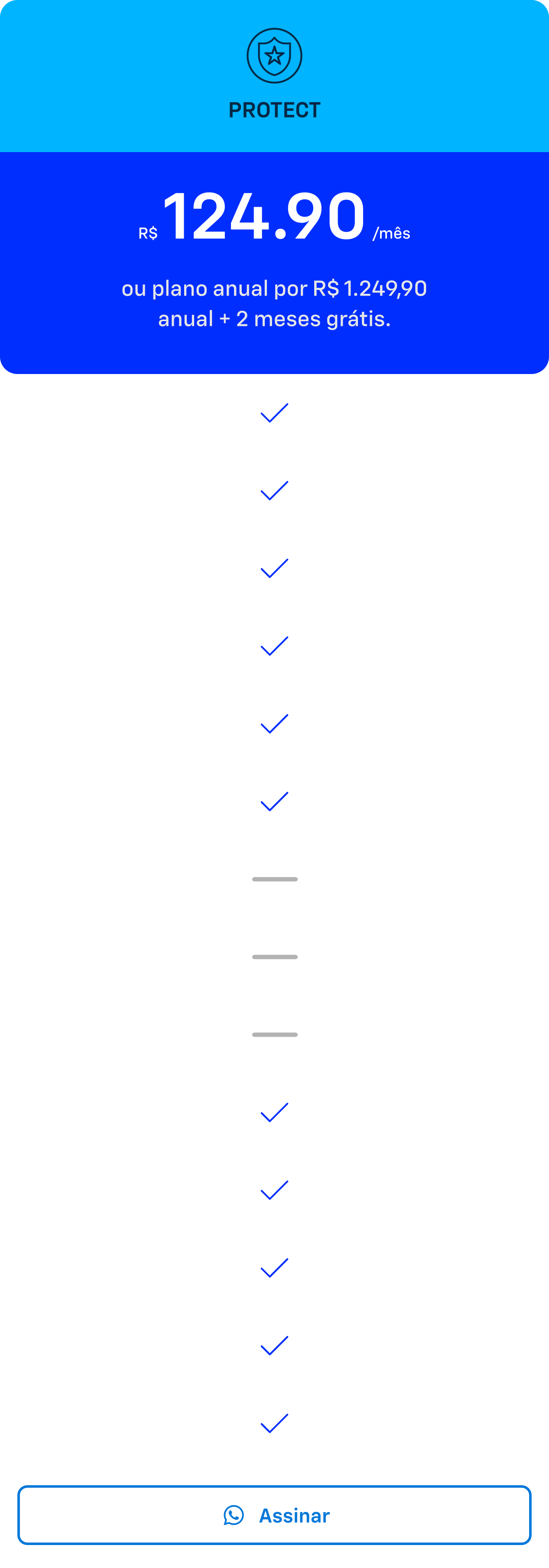 Card azul com texto Protect. Oferta de plano OnStar por R$124,90 mensal ou plano anual por R$1.249,90 com 2 meses grátis.