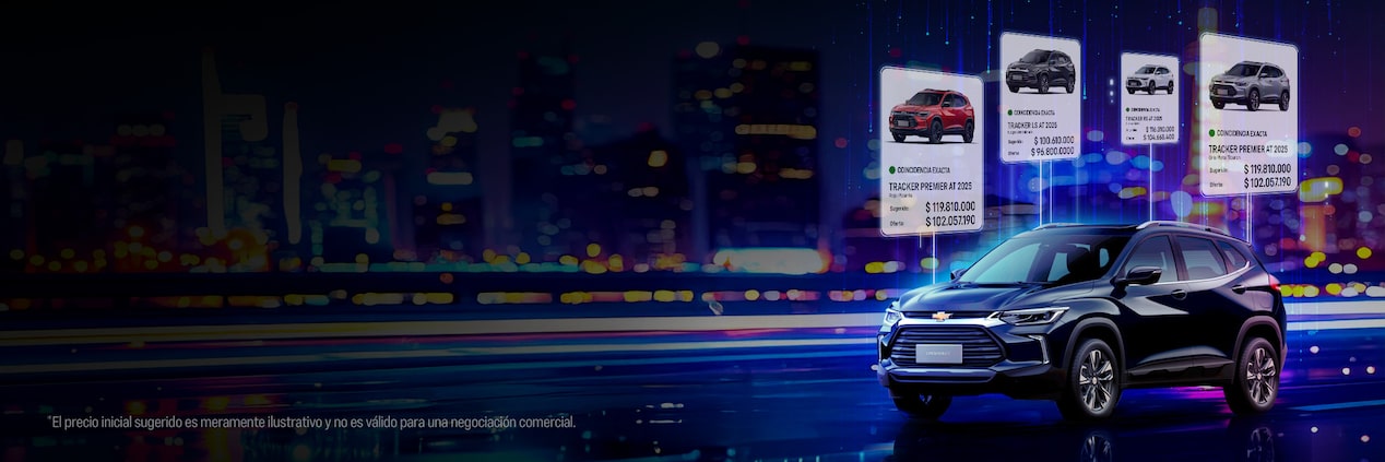 A la derecha, imagen de un Chevrolet Tracker negro sobre una pista iluminada, acompañado de cuatro tarjetas digitales con fotos de diferentes versiones del modelo, precios sugeridos en pesos colombianos y detalles como versión y concesionario.
