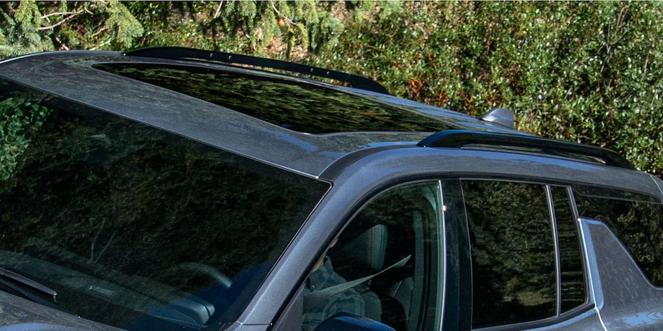 Detalle del techo de la Chevrolet Traverse Z71 con barras portaequipaje negras, visto desde arriba, con vegetación verde de fondo.