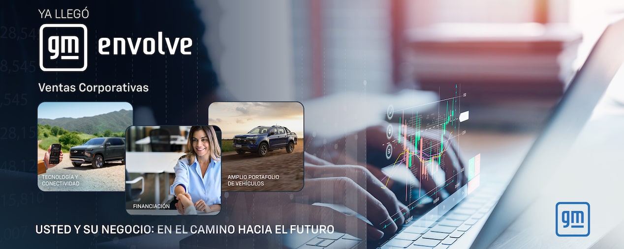 Banner institucional de Chevrolet Brasil que anuncia GM Envolve – Ventas Corporativas, con imágenes de vehículos Chevrolet, una ejecutiva estrechando la mano de un cliente y gráficos digitales superpuestos sobre una laptop, destacando tecnología, conectividad, financiación y un amplio portafolio de vehículos para negocios.