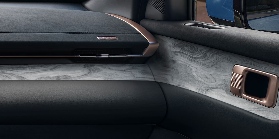 Vista en primer plano de los detalles de diseño en la guantera y una de las puertas de la Chevrolet Captiva PHEV.