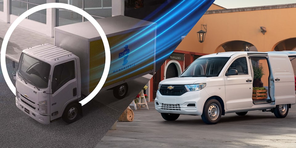 Camión Chevrolet NHR y van Chevrolet para transporte de carga y negocios, mostrados en escenarios urbanos y comerciales.