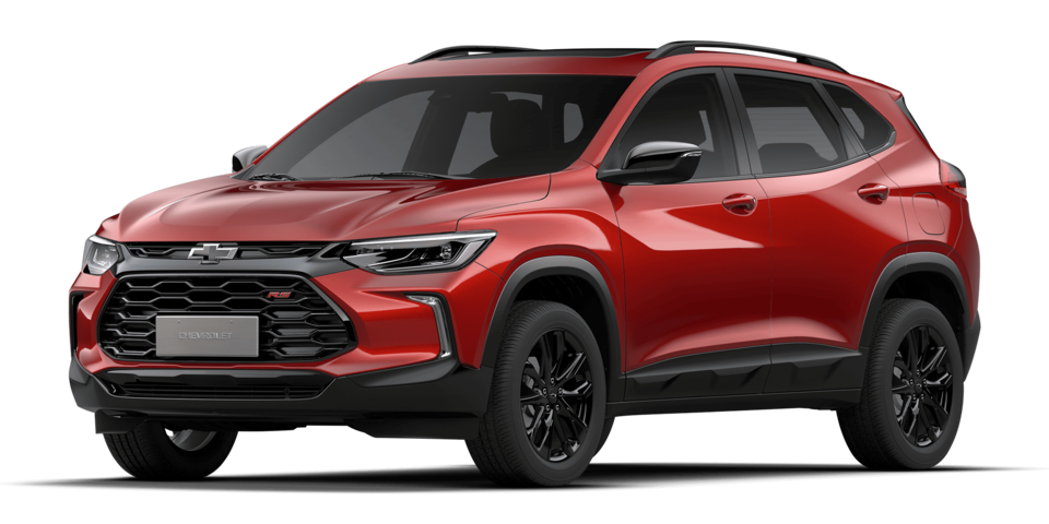 Vista frontal del Chevrolet Tracker RS 2025 en color rojo con diseño deportivo y llantas negras, ideal para quienes buscan estilo y potencia en un SUV compacto