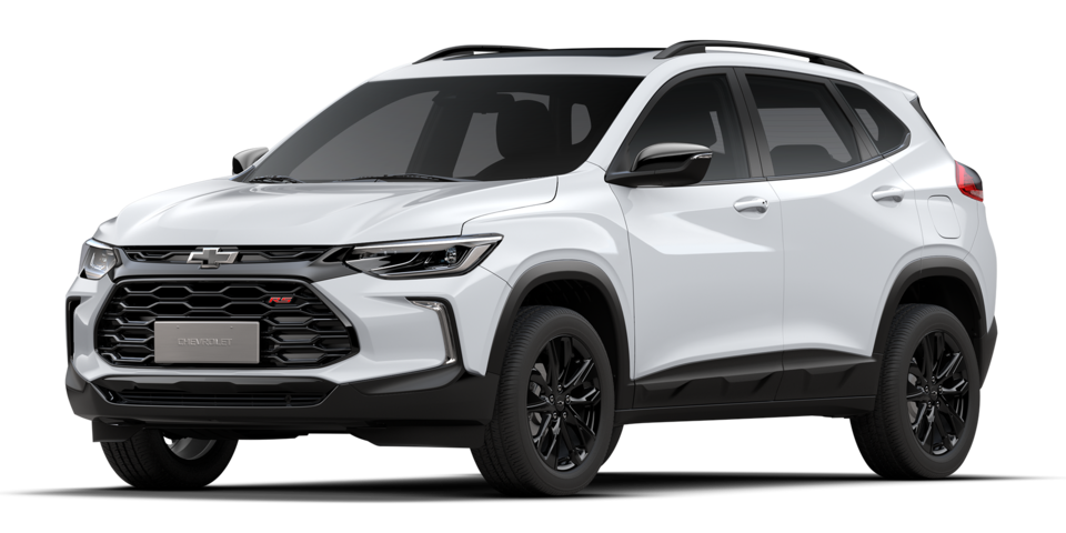 Vista frontal del Chevrolet Tracker RS 2025 en color blanco con diseño deportivo y llantas negras, ideal para quienes buscan estilo y potencia en un SUV compacto