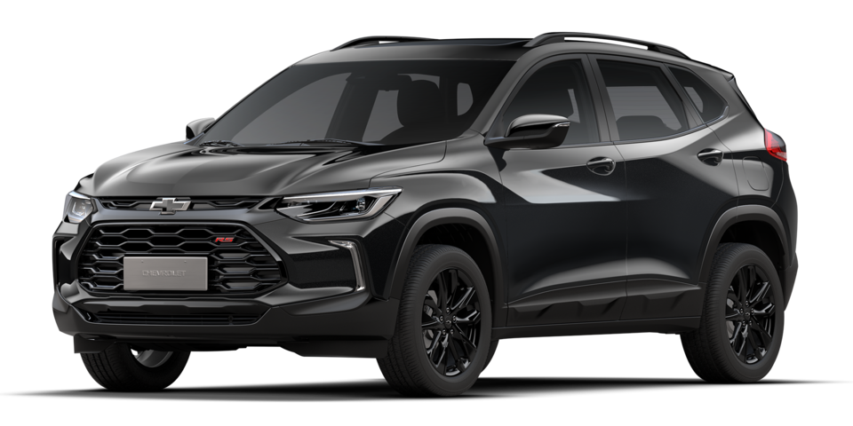 Vista frontal del Chevrolet Tracker RS 2025 en color negro con diseño deportivo y llantas negras, ideal para quienes buscan estilo y potencia en un SUV compacto