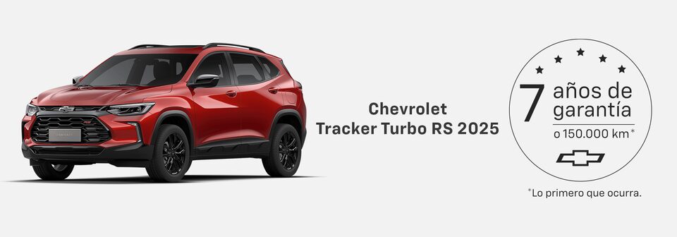 Chevrolet Tracker Turbo RS 2025 rojo con garantía de 7 años o 150,000 km, mostrando respaldo y confianza de la marca